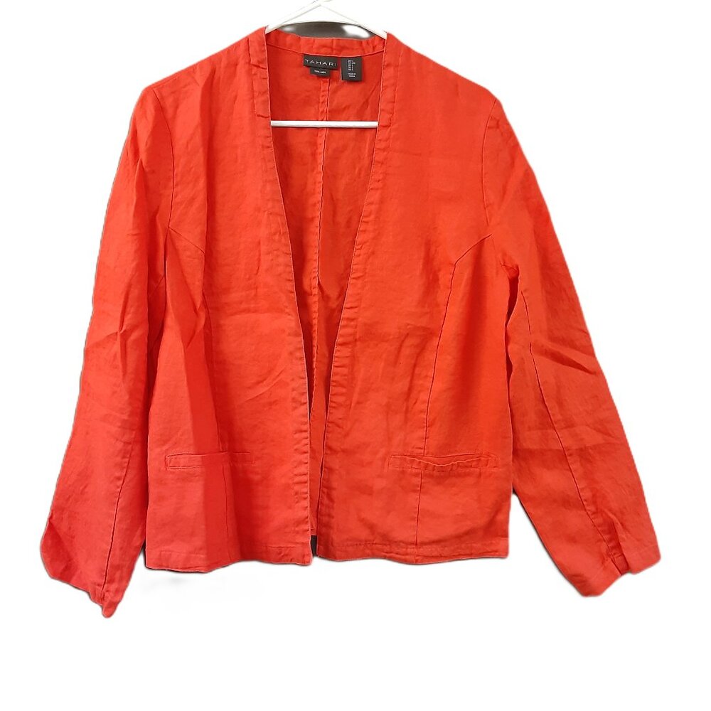 Vintage Tahari 100% Linen Jacket Size Large Pullon, 2 Pockets in front, Orange.